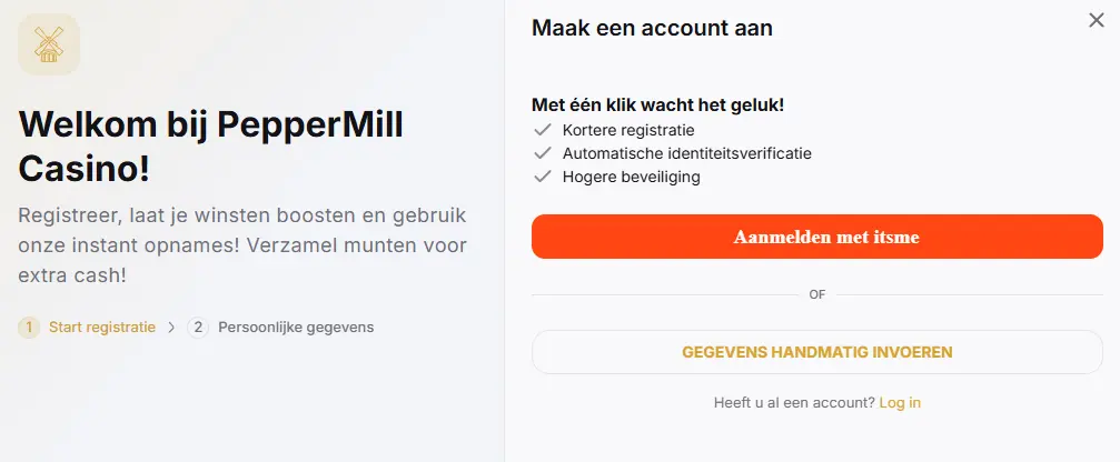 Registratie bij PEPPERMILL CASINO